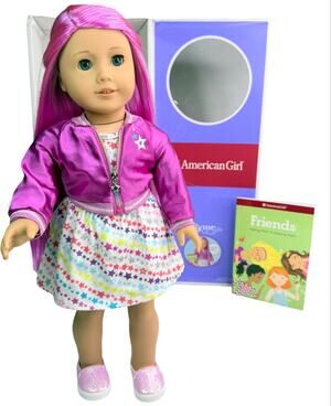 American Girl Doll 87 Pink Hair Meet Outfit Dress Jacket Shoes Panties Book Box